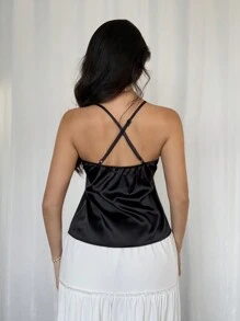 Chiquease Áo ba lỗ vải dệt màu đen trắng gợi cảm cho nữ, mùa xuân/hè, phối ren, màu tương phản, ngực trước, dây đeo chéo, hở lưng - màu đen - Xem 2