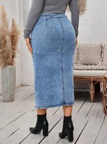 EMERY ROSE Plus Size Casual Vintage Wash Front Button Split Hem Fitted Denim Skirt For Autumn - Light Wash - View 2