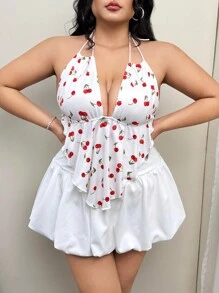 SHEIN ICON Blusa de talla grande con estampado de cerezas, con cuello halter y espalda descubierta