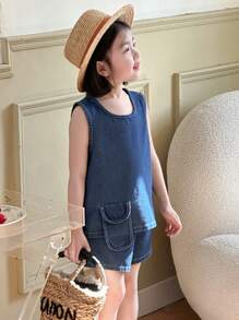 DAZY Young Girl Sleeveless Solid Color Top And Shorts Casual Denim Set, Minimalist And Fashionable For Everyday Wear - Blue - View 6