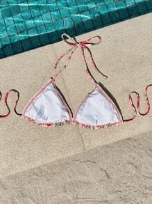 SHEIN VCAY Women's Halter Neck Backless Printed Tie-Up Bikini Top For Summer Beach Vacation - Pink - View 2