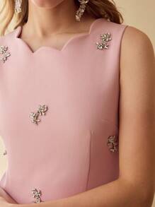 MOTF PREMIUM RHINESTONE DETAIL SCALLOP TRIM DRESS,SPRING/SUMMER - Pink - View 3