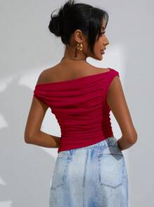 GENKIRA Solid Ruched Side Asymmetrical Neck Crop Red Top - Red - View 2