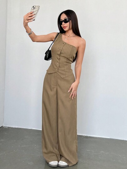 Flirla Set de 2 piezas para mujer con diseño asimétrico de rayas beige casual