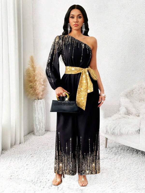 Lyxana Shoulder Cutout Waist Cinching Shiny Printed Jumpsuit