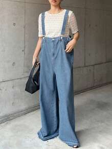 FRIFUL Women's Denim Overalls And Straight Leg Denim Jumpsuit, Blue, Spring/Summer - Medium Wash - View 2