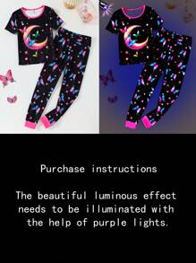 青少年女孩蝴蝶夜光扎染月亮拼布圆领短袖上衣和裤子套装，舒适贴身，时尚
