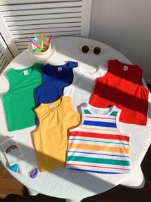 SHEIN 6pcs/Set Baby Boys' Casual, Versatile Knitted Colorful Striped & Solid Tank Tops, Summer All-Match Essentials