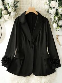 Lacomfia Plus Size Women Elegant Fashionable Cuff Decor Blazer - Black - View 1