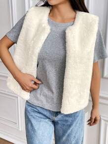 SHEIN EZwear Cream Faux Fur Vest For Women, Cozy Sleeveless Cardigan, Furry Top, Winter Vest Shirt - White - View 4