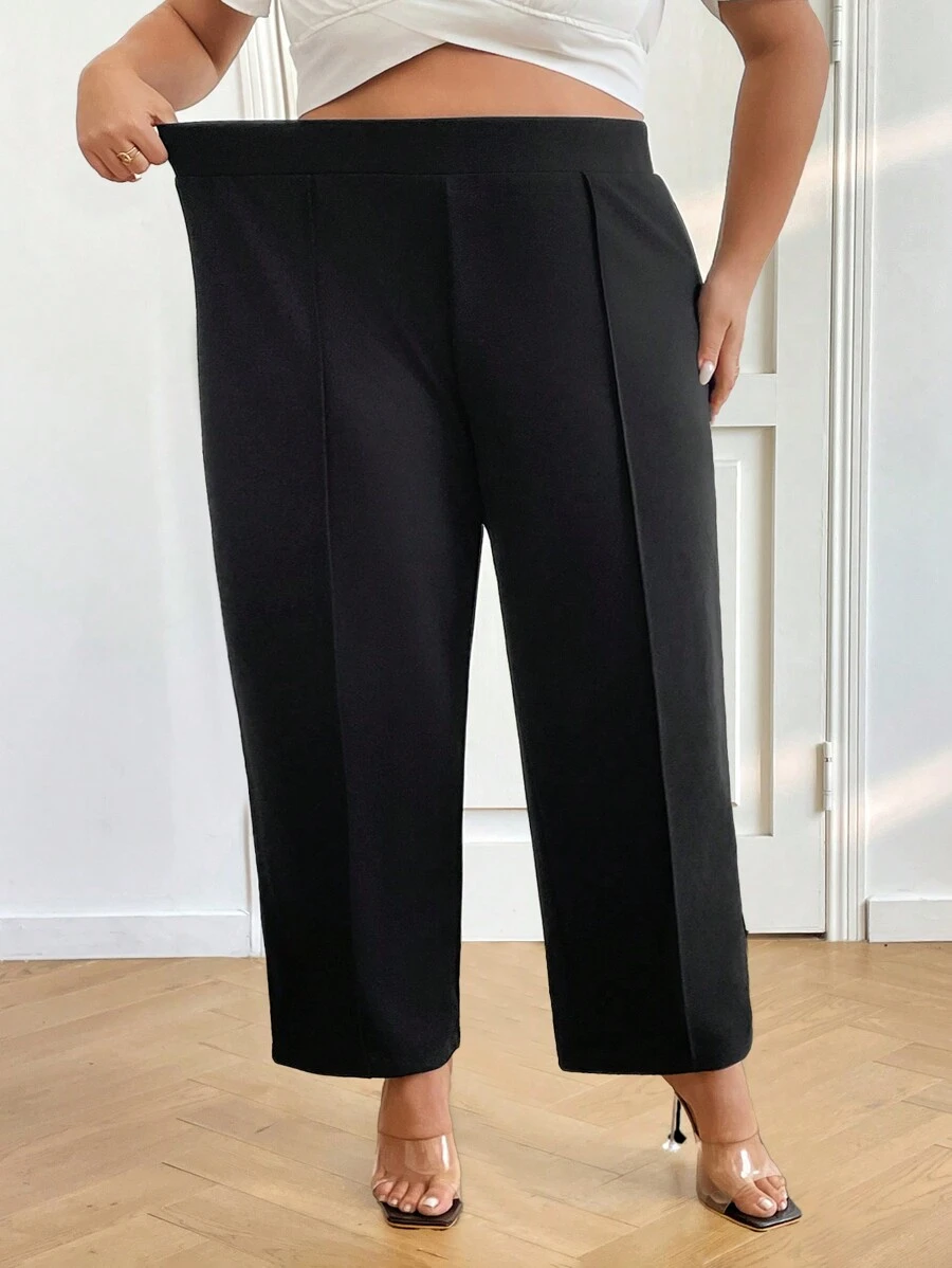 SHEIN CURVE+ Women Plus Size Elegant Black Straight-Leg Office Pants