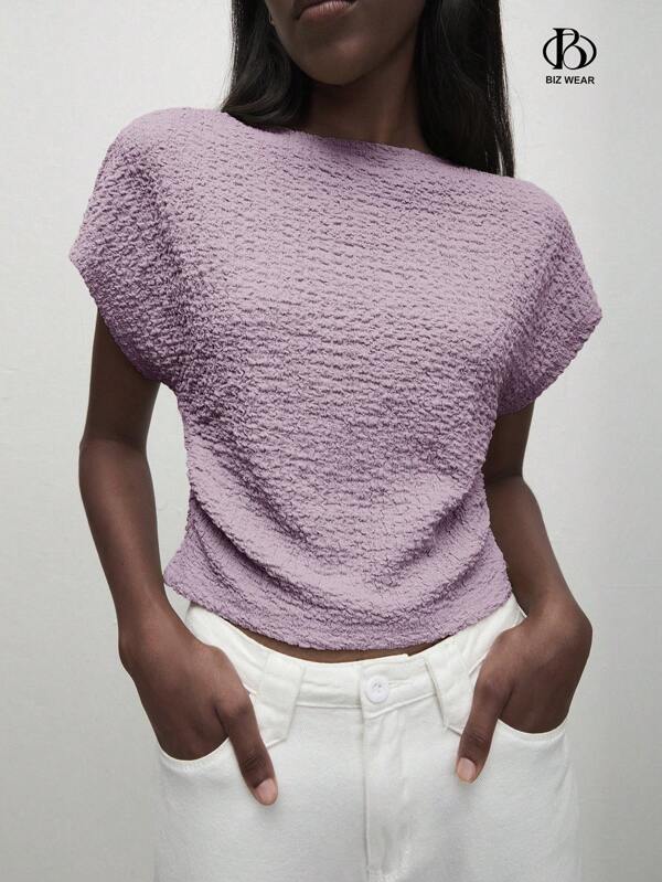 BizChic 2025 Summer New Lavender Purple Off-The-Shoulder Ruched Textured Bubble Crinkle Fabric Women Top T-Shirt, Romantic Elegant Everyday Casual Business Commute Beach Resort Wear, Suitable For Wedding Guest, Country Music Festival, Breakfast Date, Airport Outfit, 90s Vintage, Scandinavian, USA Independence Day
