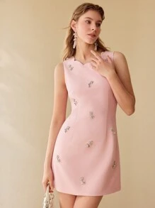 MOTF PREMIUM RHINESTONE DETAIL SCALLOP TRIM DRESS,SPRING/SUMMER - Pink - View 5