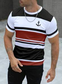 Manfinity Dauomo 男士圆领短袖条纹简约 T 恤，休闲日常穿着 - 彩色 - 查看 4