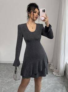 SHEIN Unity High Elastic Soft Fitted Sexy Mini Dress With V-Neck, Ruffle Trim Asymmetric Hem, And Bell Sleeves Fall Cloth For Women - Grey - View 6