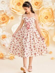 SHEIN Leap Crew 青少年女孩优雅度假休闲编织碎花印花拼布荷叶边吊带紧身胸衣腰带连衣裙 - 粉色 - 查看 4