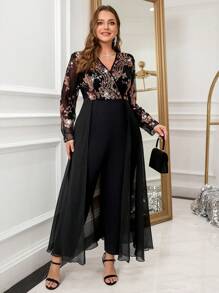 SHEIN Clasi Plus Size Women's Sequin Black Elegant Jumpsuit, Spring/Summer ,Vacation Outfits Woman,Going Out Outfits,Valentine's Day,Rompers For Women,Jumpsuit Women Elegant