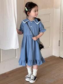 DAZY Young Girl Denim Pinafore Dress, Fall Outfit - Blue - View 5