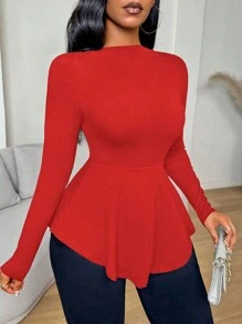 VaVaBold 纯色荷叶边下摆修身长袖女式 T 恤、黑色上衣、秋装、秋季女装