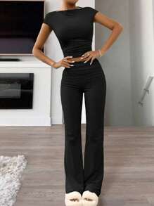 INAWLY 2pcs/Set Women Solid Color Cropped Pleated Blouse & Flared Pants Fashion Outfits - Black - View 1