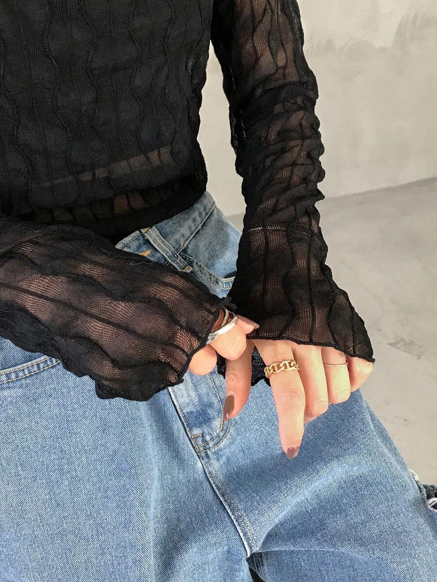 FRIFUL 女式黑色修身透明纹理面料圆领上衣长袖女式上衣