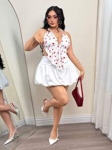 SHEIN ICON Blusa de talla grande con estampado de cerezas, con cuello halter y espalda descubierta