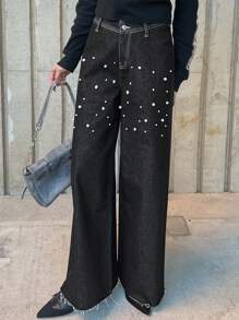 FRIFUL Women's Black Washed Denim Jeans With Pearl Decor, Spring/Summer - Black - View 6