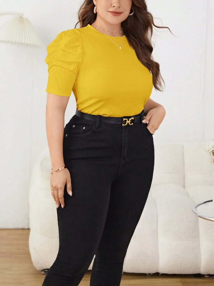 SHEIN Privé 大码女式纯色圆领休闲短款泡泡袖 T 恤 - 黃色 - 查看 1