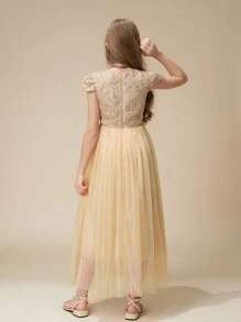 Tween Girl Lace & Mesh Patchwork Sleeveless Round Neck Elegant Party Dress, Flared A-Line Skirt, Suitable For Party, Valentine's Day, Wedding, Flower Girl & Bridesmaid