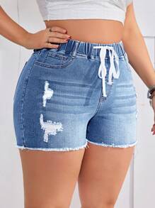 SHEIN EZwear Quần short denim thường ngày cỡ lớn, thời trang đơn giản cho trang phục hàng ngày - Rửa nhẹ - Xem 3