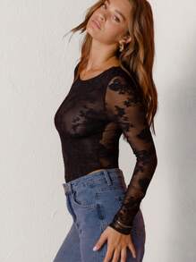 Aralina Round Neck Long Sleeves Elegant Lace New Years Bodysuit