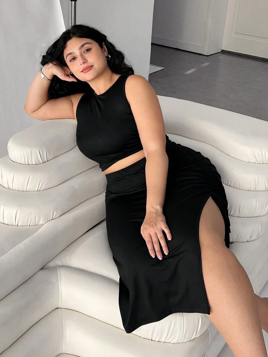 Solflare 2pcs/Set Plus Size Women Black Sleeveless Tank Top & Drawstring Waist Skirt Clothes,Spring Summer Clothes - Black - View 1