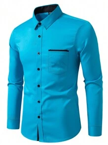 Calvornis Kemeja Pria Lengan Panjang Kancing Tunggal Warna Kontras dengan Saku, Kasual Formal, Untuk Musim Gugur, Upacara - Mint Blue - View 3
