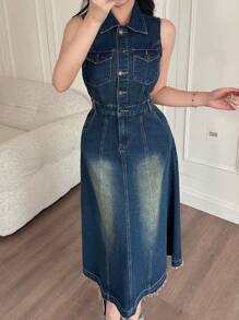 DAZY 女士牛仔无袖衬衫裙搭配翻领太阳裙 - 中等水洗藍 - 查看 4