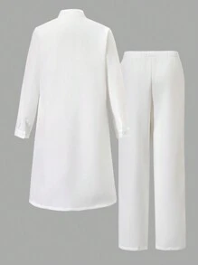 2pcs Set, Vintage Style Robe Top And Pants, Vacation Outfit For Teen Boys - White - View 2