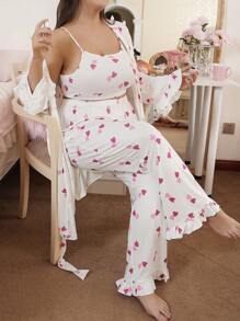 3pcs Plus Size Pajama Set With Bi-Color Heart Print & Ribbed Details - Multicolor - View 7