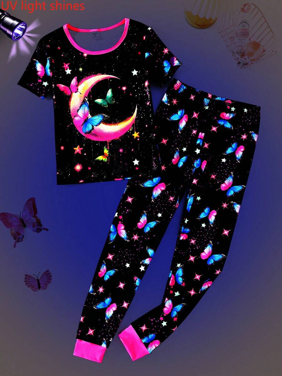 青少年女孩蝴蝶夜光扎染月亮拼布圆领短袖上衣和裤子套装，舒适贴身，时尚