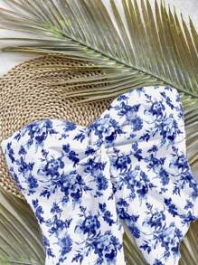 Soleia 复古蓝白瓷花卉度假不对称荷叶边下摆吊带背心，适合夏季