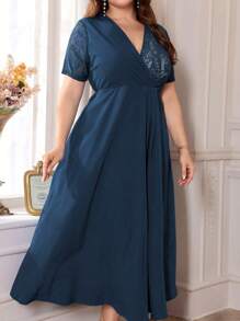 Mulvari 大码女式优雅撞色蕾丝短袖长裙，夏季超长女装