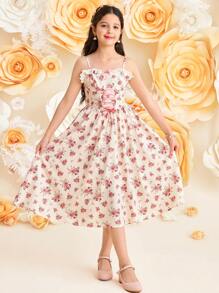SHEIN Leap Crew 青少年女孩优雅度假休闲编织碎花印花拼布荷叶边吊带紧身胸衣腰带连衣裙 - 粉色 - 查看 1