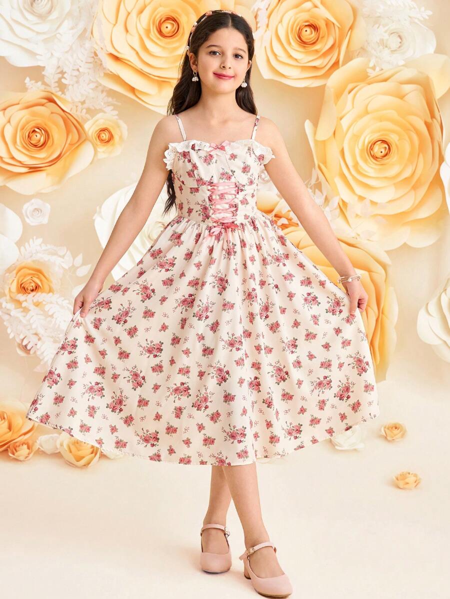SHEIN Leap Crew 青少年女孩优雅度假休闲编织碎花印花拼布荷叶边吊带紧身胸衣腰带连衣裙 - 粉色 - 查看 1