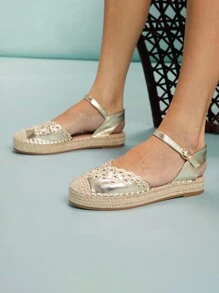 SHUZIA 女士简约踝带帆布坡跟凉鞋，带孔眼装饰 - 金色 - 查看 3