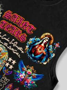 ROMWE MEN Street Life 男士耶稣基督和圣母玛利亚翅膀印花背心，适合音乐会 - 黑色 - 查看 3