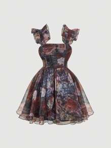 SHEIN MOD Plus Size V-Neck Front Tie Waist Ruffle Hem Floral Print Mesh High-Low Dress - Multicolor - View 1