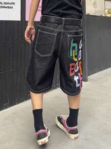 Manfinity Hypemode Men's Letter Print Pocket Loose Denim Shorts