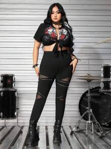 ROMWE Plus Size Women Gothic Five-Pointed Star Zipper Decor Hollow Out Patchwork Tight Elastic Leggings - Black - View 4