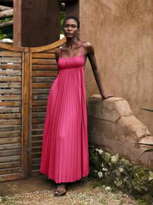 Maija Women's Raspberry Color Summer Vacation Outfit, Modern Bohemian Solid Color Women's Beach Wear, Minimalist Spaghetti Strap Pleated Sleeveless Tropical Holiday Dress, Elegant Women's Dress - Hot Pink - View 4