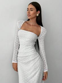 Aloruh Vestido de punto jacquard de cuello cuadrado elegante para mujer, otoño/invierno - Blanco - Ver 3