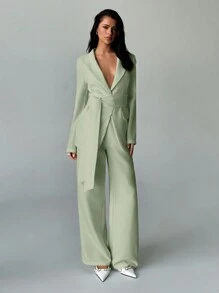 Aloruh 2pcs Women White Office Wear Suit Set: Solid Color Blazer Jacket And Dress Pants, Commuting Suit For Autumn/Winter - Green - View 3