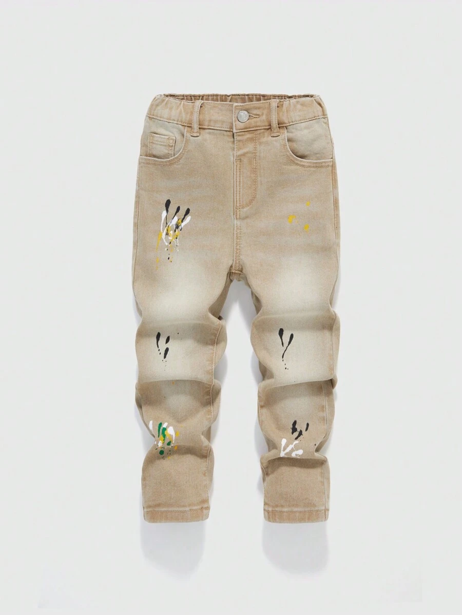 SHEIN Explorewe Young Boy Splattered Paint Pocket Casual Denim Jeans